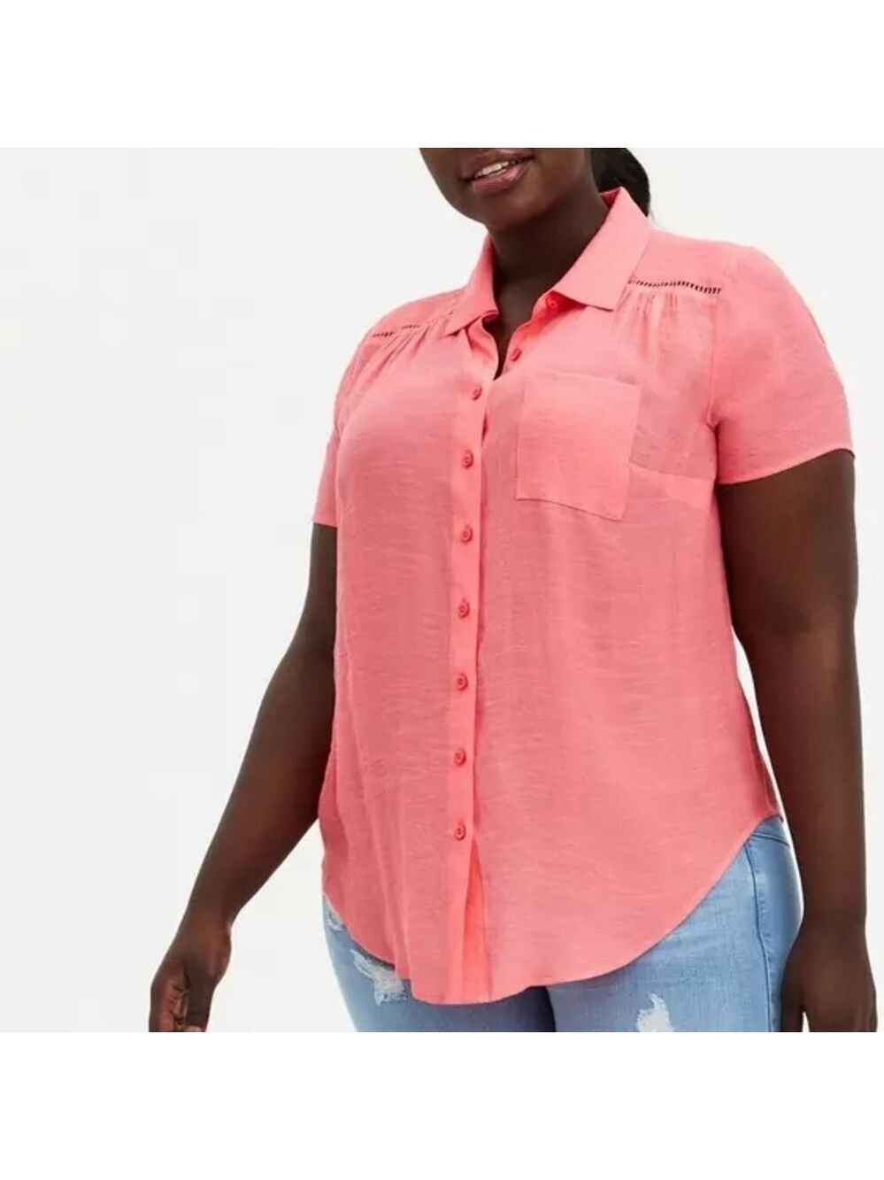 4X • Torrid • Crochet Inset Coral Short Sleeve Notched Collar Button Down Shirt